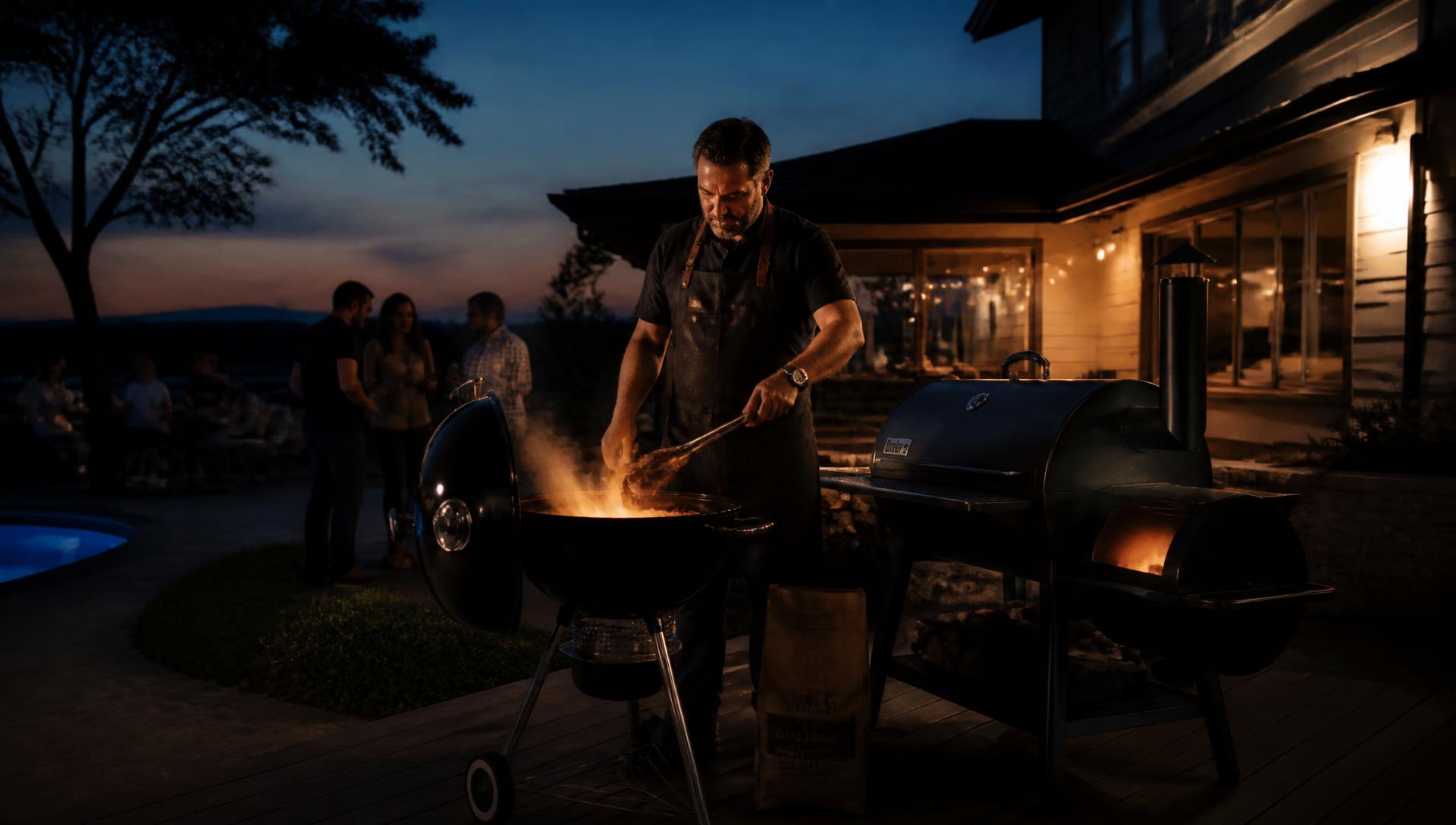 Host grilling on a clean kettle grill and smoker while guests mingle