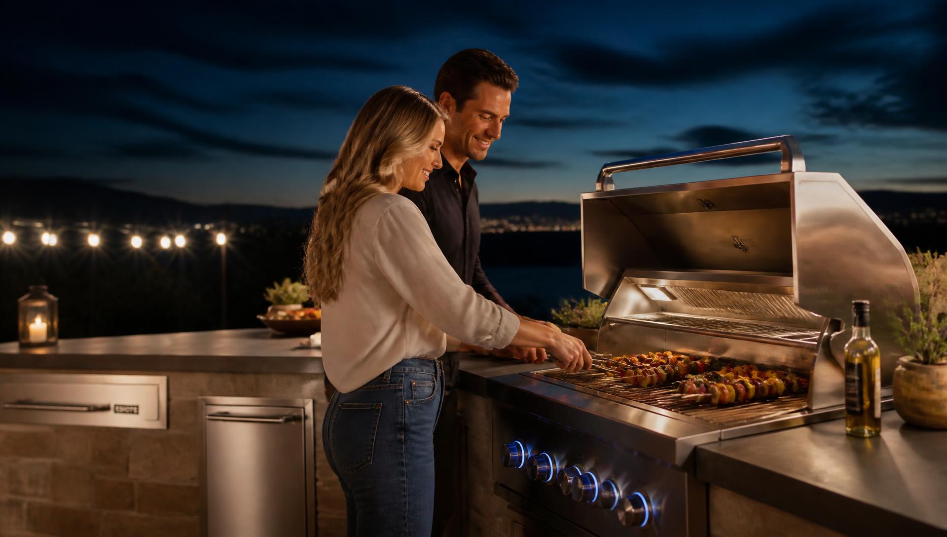 Couple grilling skewers together on an immaculate stainless grill