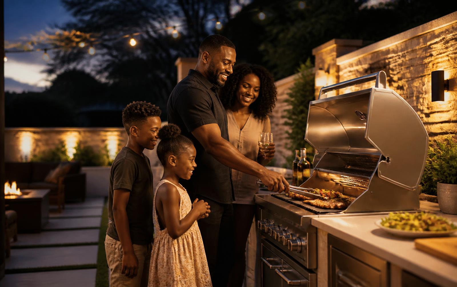 Family enjoying an evening cookout at a spotless built-in outdoor kitchen grill