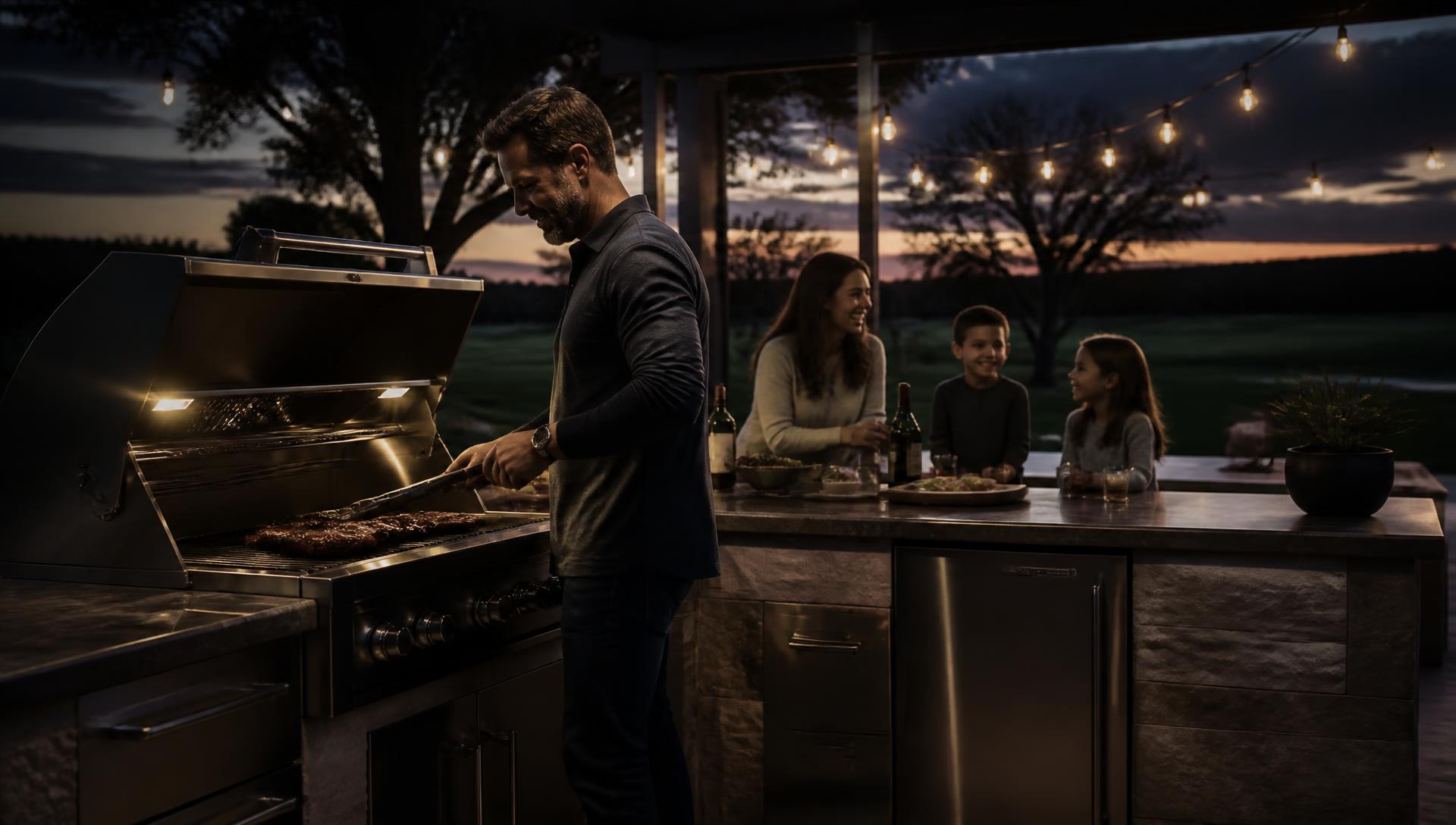 Family gathered around a freshly cleaned outdoor kitchen grill at dusk