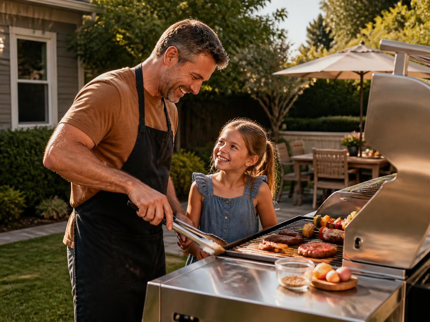 Father and daughter grilling together on a spotless stainless gas grill