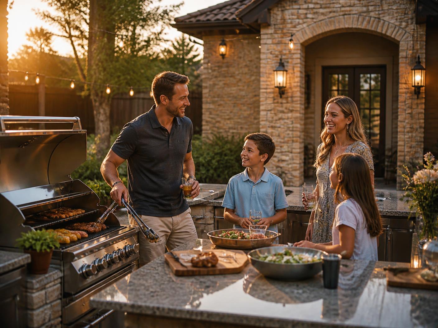 Family gathered around a built-in grill in a luxury outdoor kitchen at golden hour